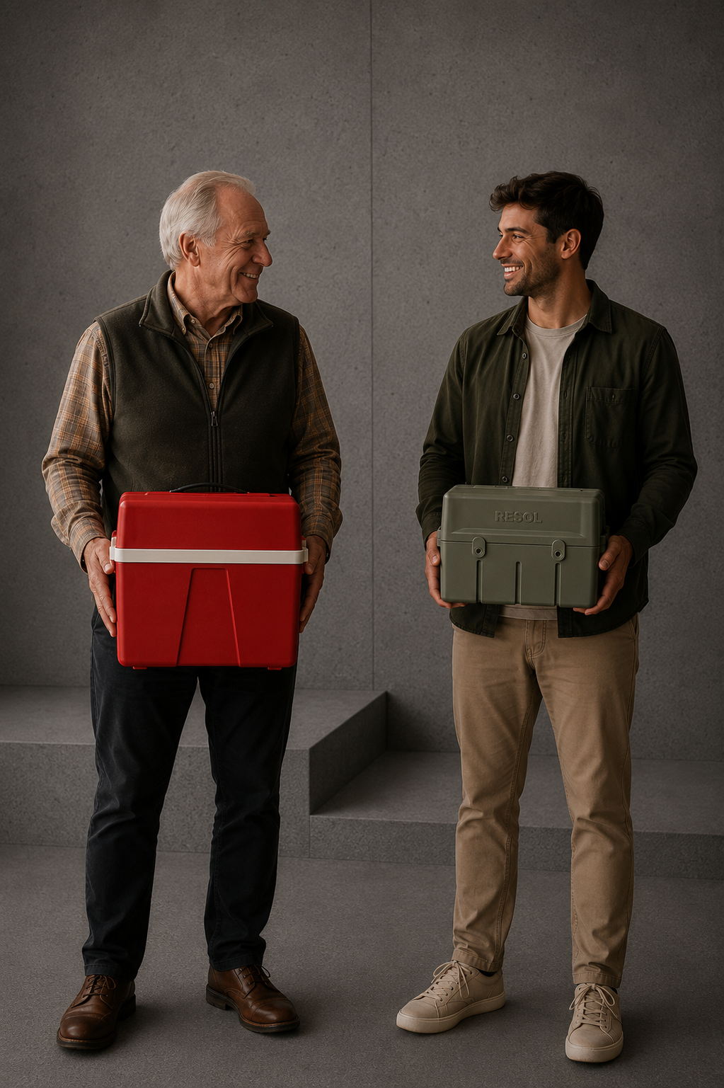 Dos generaciones, dos cajas Resol: la nevera de camping original y The Box.