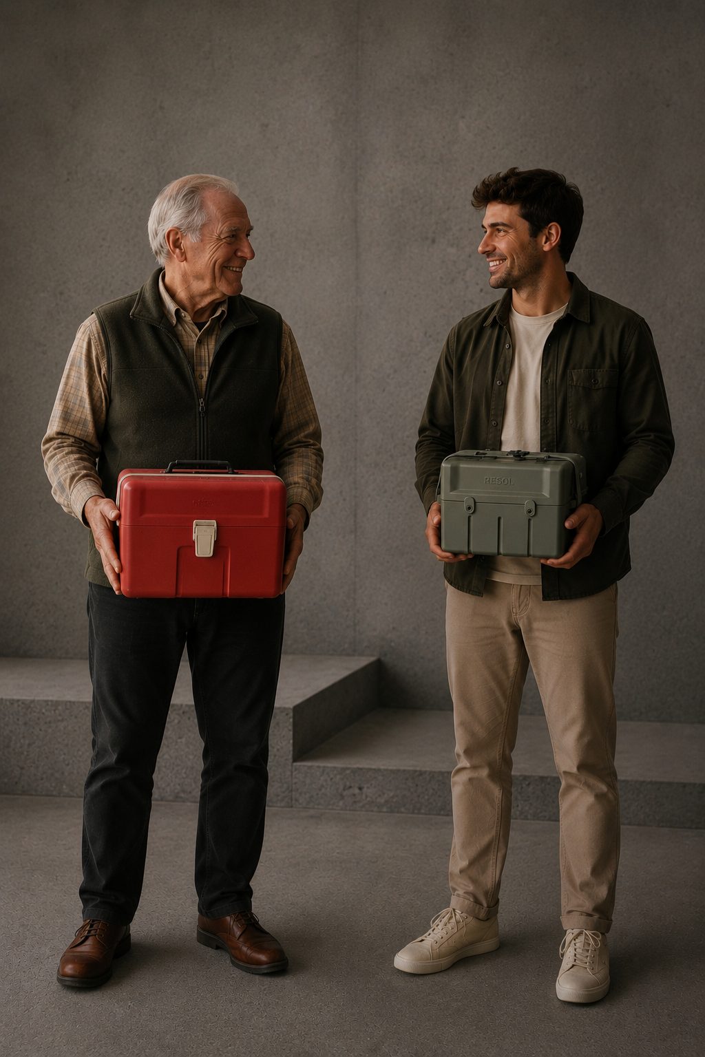 Dos generaciones, dos cajas Resol: la nevera de camping original y The Box.
