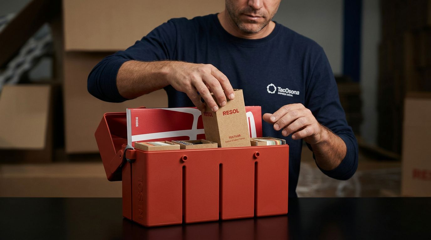Equipo de la Fundación TAC OSONA empaquetando The Box con el muestrario de materiales.